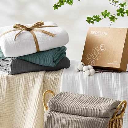 Crisp Percale Cotton Muslin Throw Blanket – 4-Layer Breathable Gauze