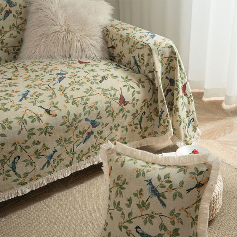 Tassel Floral Bird Soft Sofa Protector