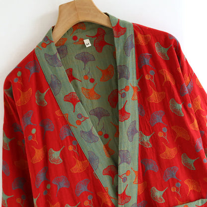 Two-Tone Ginkgo Cotton Gauze Kimono Robe