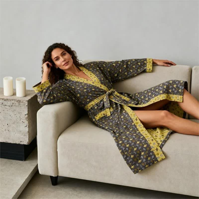 Two-Tone Ginkgo Cotton Gauze Kimono Robe