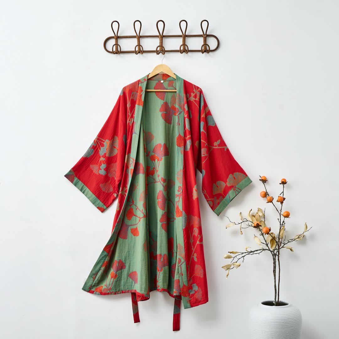 Ginkgo Leaf Organic Cotton Kimono Robe