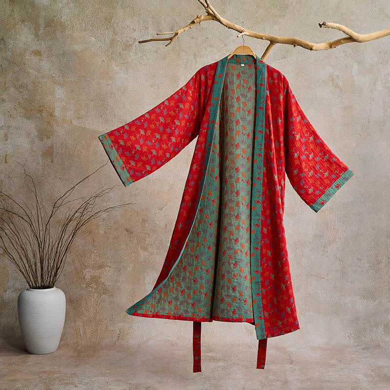 Two-Tone Ginkgo Cotton Gauze Kimono Robe