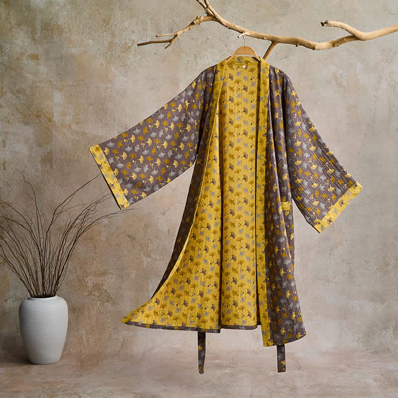 Two-Tone Ginkgo Cotton Gauze Kimono Robe