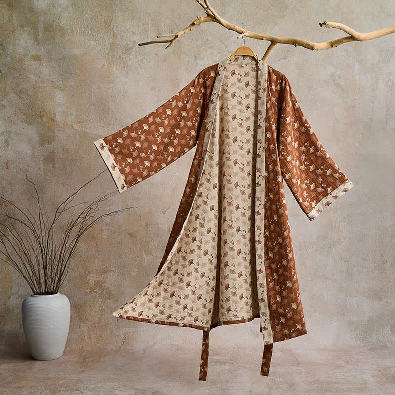 Two-Tone Ginkgo Cotton Gauze Kimono Robe