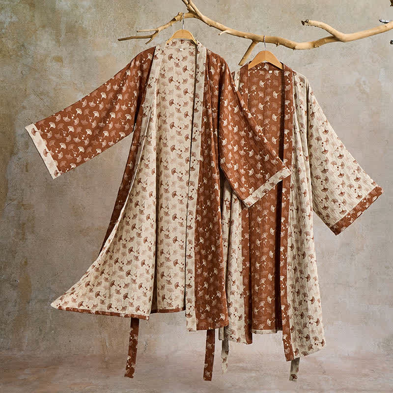 Two-Tone Ginkgo Cotton Gauze Kimono Robe
