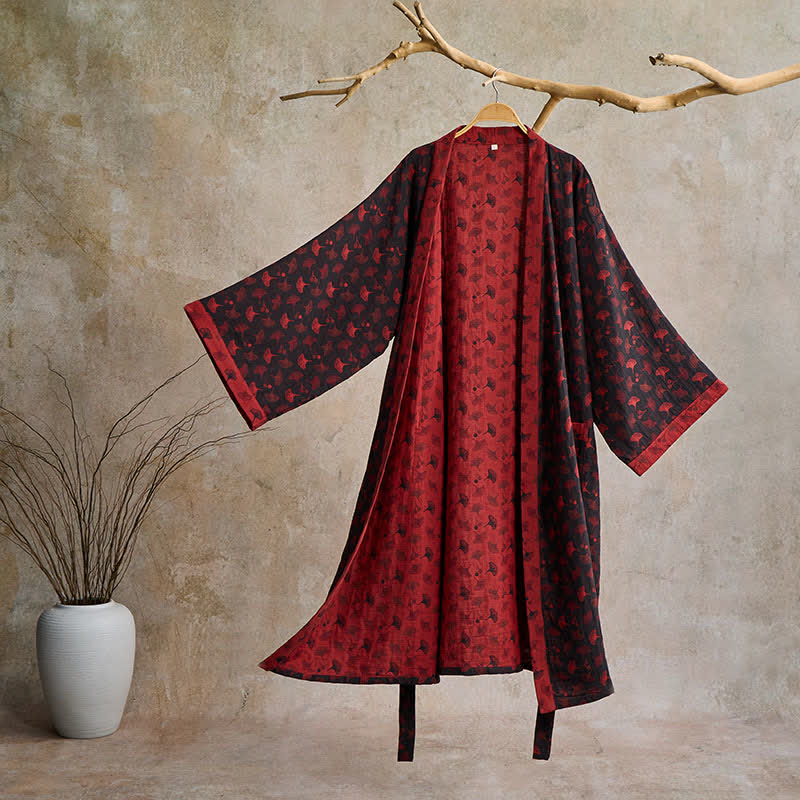 Two-Tone Ginkgo Cotton Gauze Kimono Robe