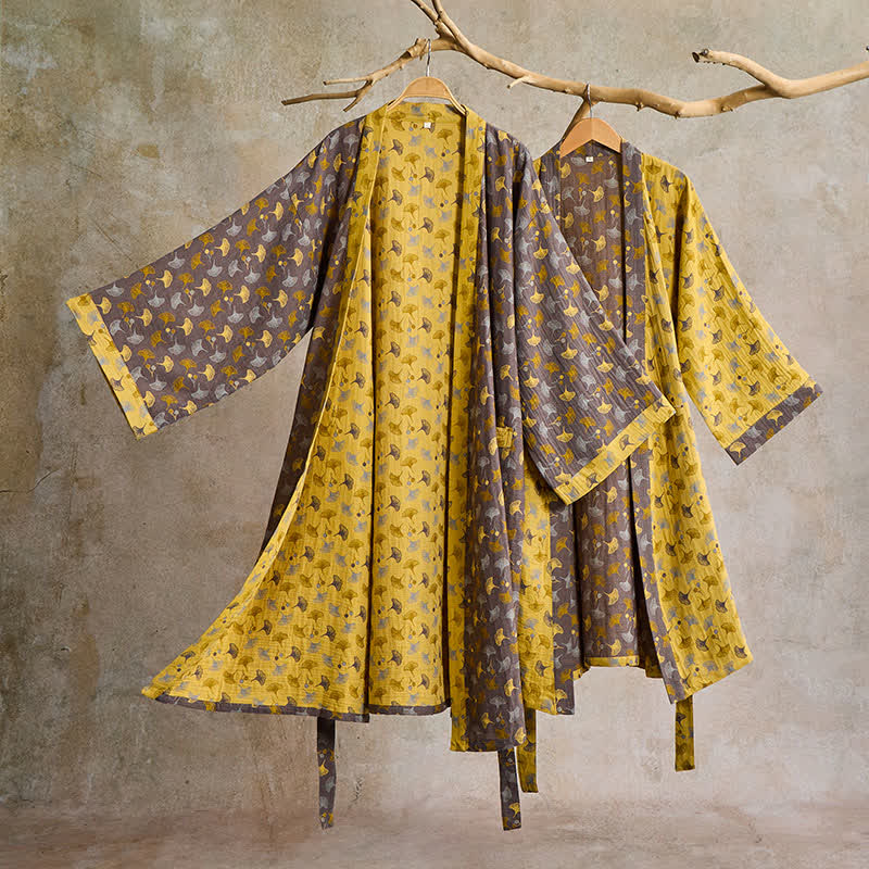 Two-Tone Ginkgo Cotton Gauze Kimono Robe