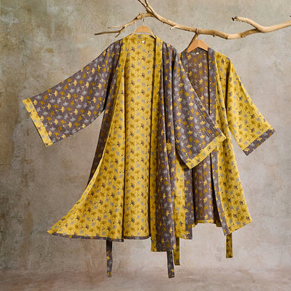 Two-Tone Ginkgo Cotton Gauze Kimono Robe