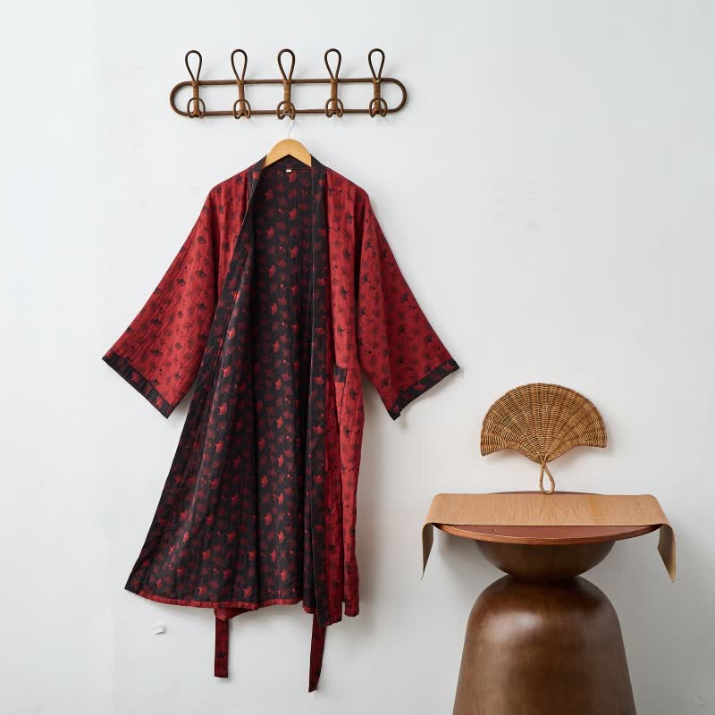 Two-Tone Ginkgo Cotton Gauze Kimono Robe