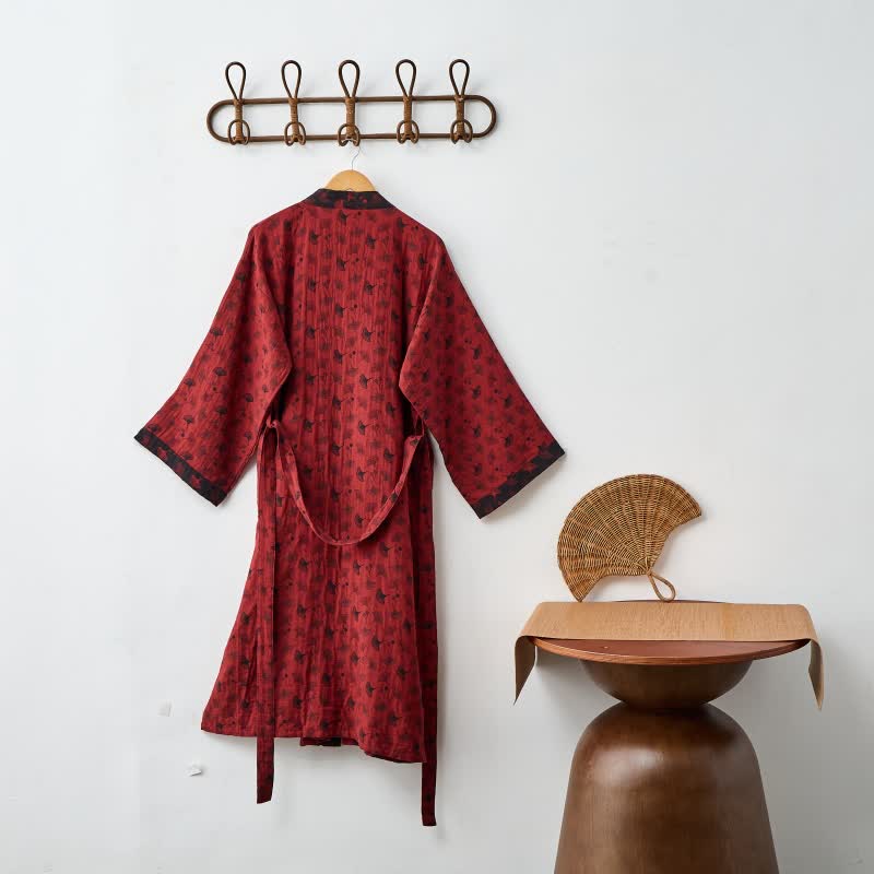 Two-Tone Ginkgo Cotton Gauze Kimono Robe