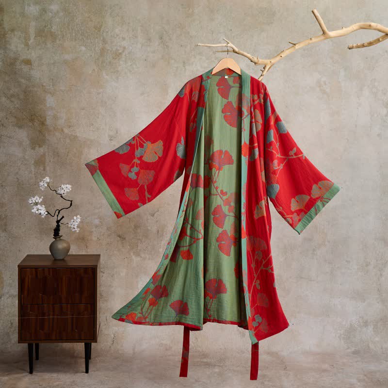 Ginkgo Leaf Organic Cotton Kimono Robe