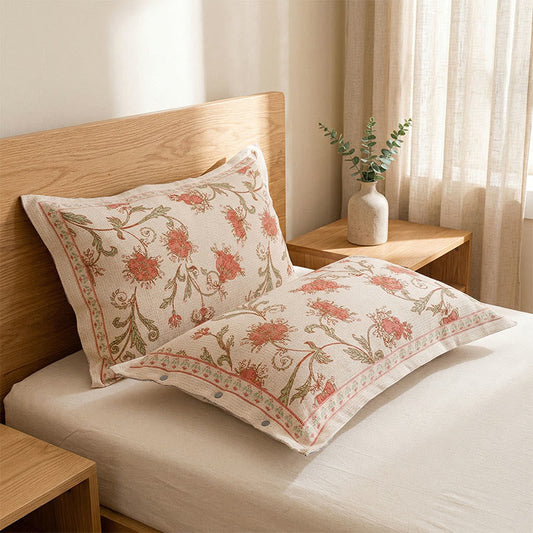 Red Floral Cotton Linen Pillowcases (2PCS)