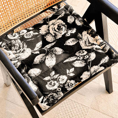 Black & White Vintage Floral Chenille Chair Cushion