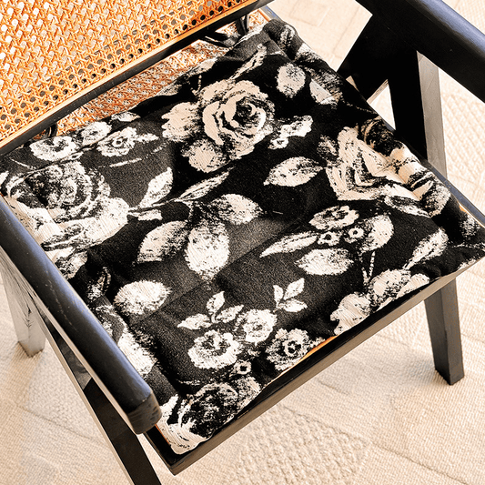 Black & White Vintage Floral Chenille Chair Cushion