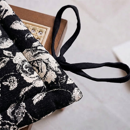 Black & White Vintage Floral Chenille Chair Cushion