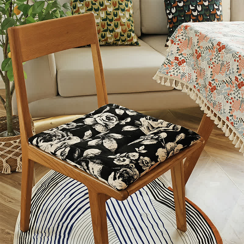 Black & White Vintage Floral Chenille Chair Cushion