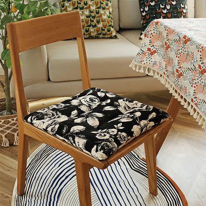 Black & White Vintage Floral Chenille Chair Cushion
