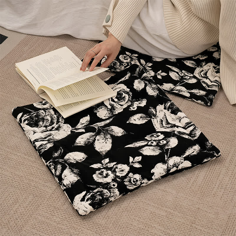 Black & White Vintage Floral Chenille Chair Cushion