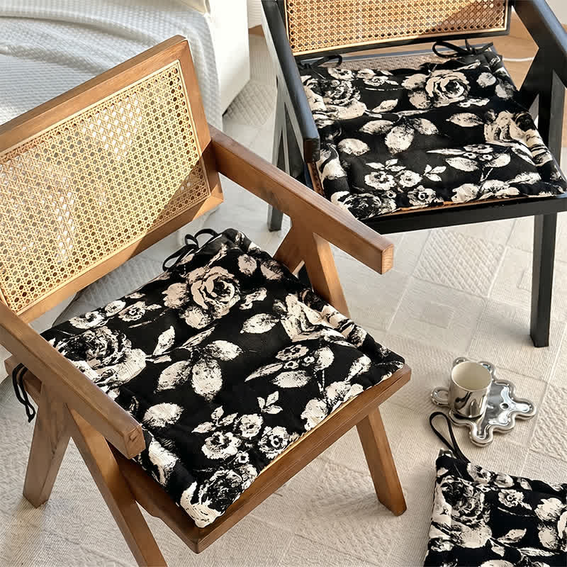 Black & White Vintage Floral Chenille Chair Cushion