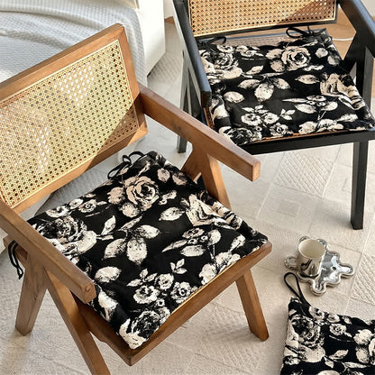 Black & White Vintage Floral Chenille Chair Cushion