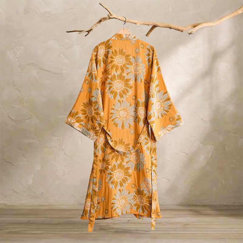 Vintage Sunflower Cotton Kimono Bathrobe