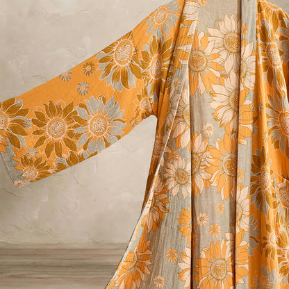 Vintage Sunflower Cotton Kimono Bathrobe