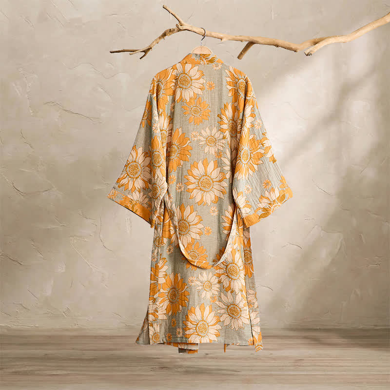 Vintage Sunflower Cotton Kimono Bathrobe