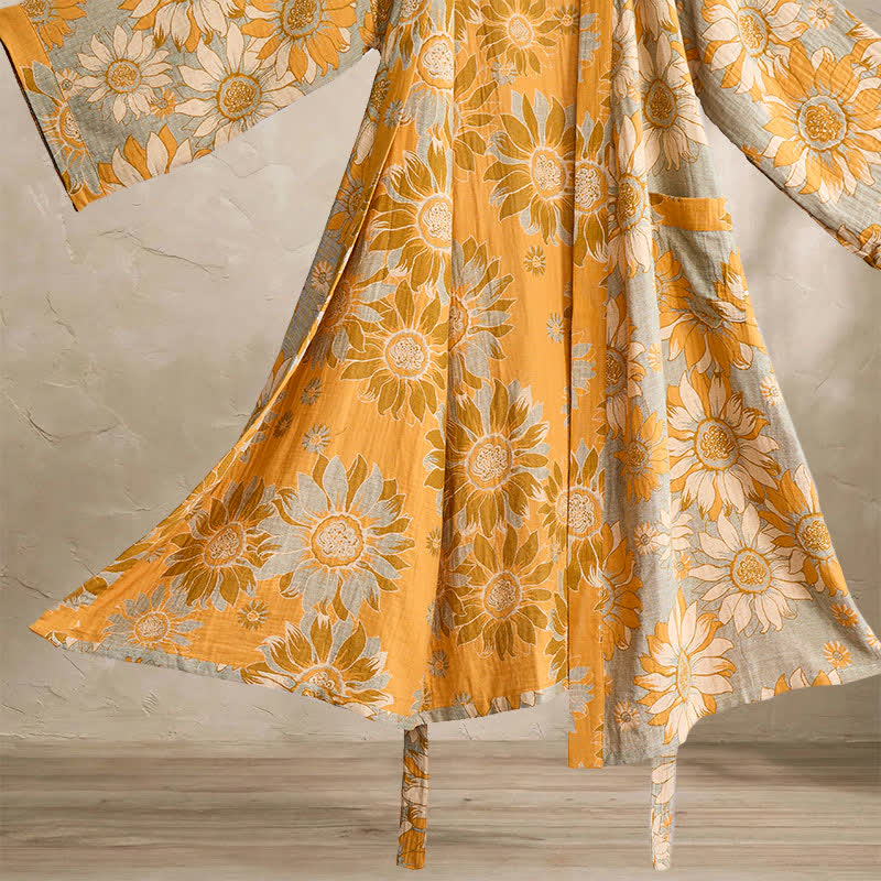 Vintage Sunflower Cotton Kimono Bathrobe