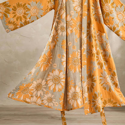 Vintage Sunflower Cotton Kimono Bathrobe