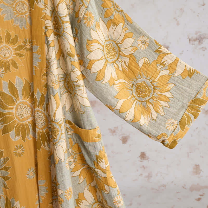 Vintage Sunflower Cotton Kimono Bathrobe
