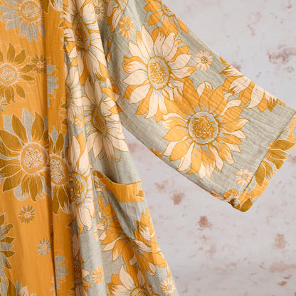 Vintage Sunflower Cotton Kimono Bathrobe