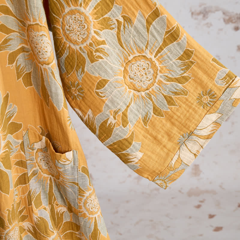 Vintage Sunflower Cotton Kimono Bathrobe