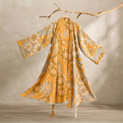 Vintage Sunflower Cotton Kimono Bathrobe