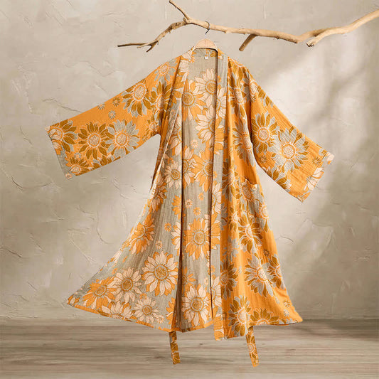 Vintage Sunflower Cotton Kimono Bathrobe