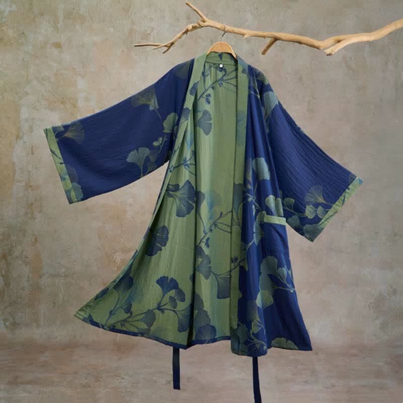 Retro Ginkgo Leaf Cotton Kimono Robe