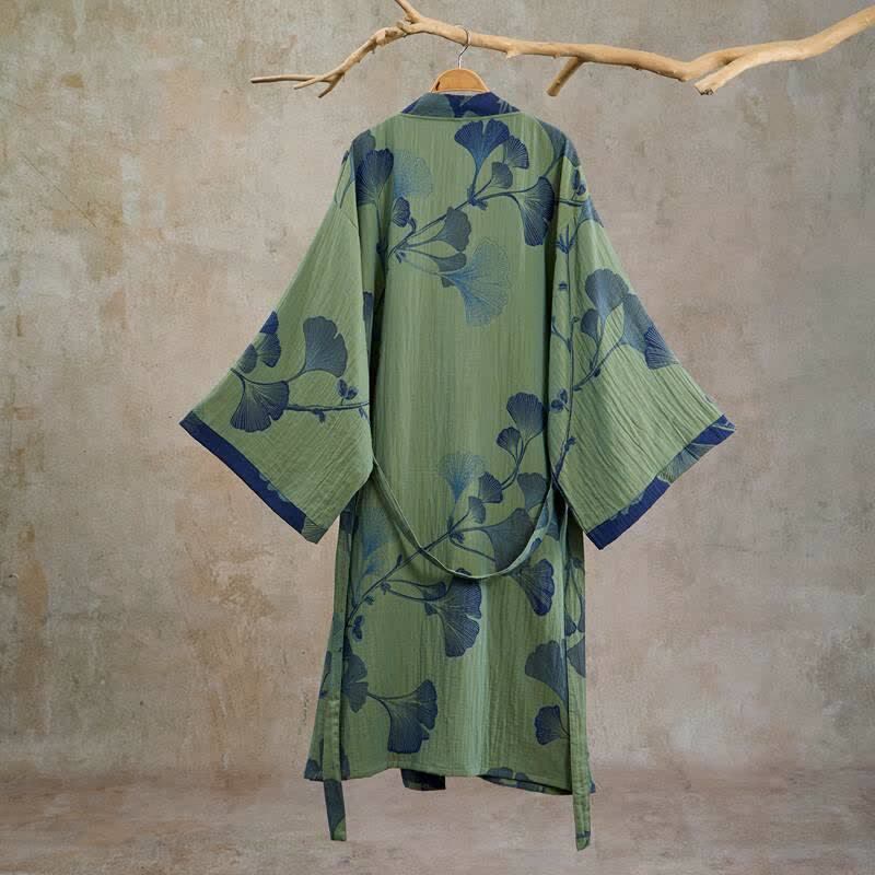 Retro Ginkgo Leaf Cotton Kimono Robe