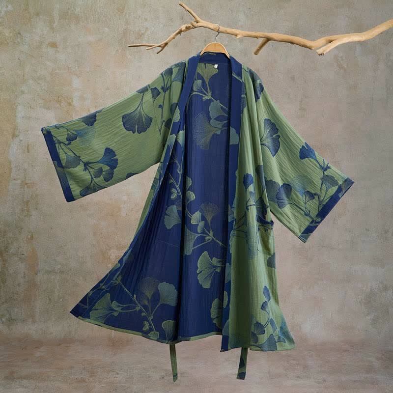 Retro Ginkgo Leaf Cotton Kimono Robe