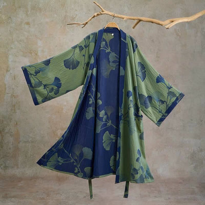 Retro Ginkgo Leaf Cotton Kimono Robe