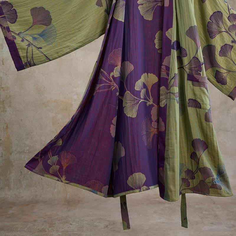Retro Ginkgo Leaf Cotton Kimono Robe