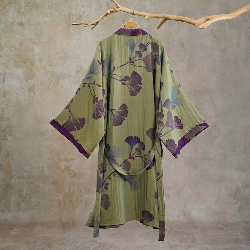 Retro Ginkgo Leaf Cotton Kimono Robe