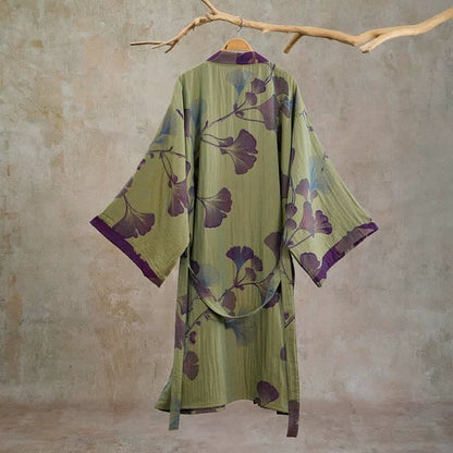 Retro Ginkgo Leaf Cotton Kimono Robe