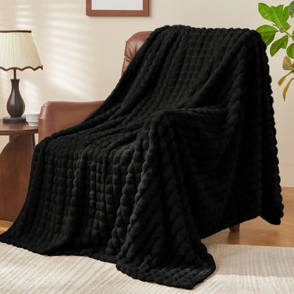 Textured Ribbed Checkered Fleece Throw Blanket – 3D Plush