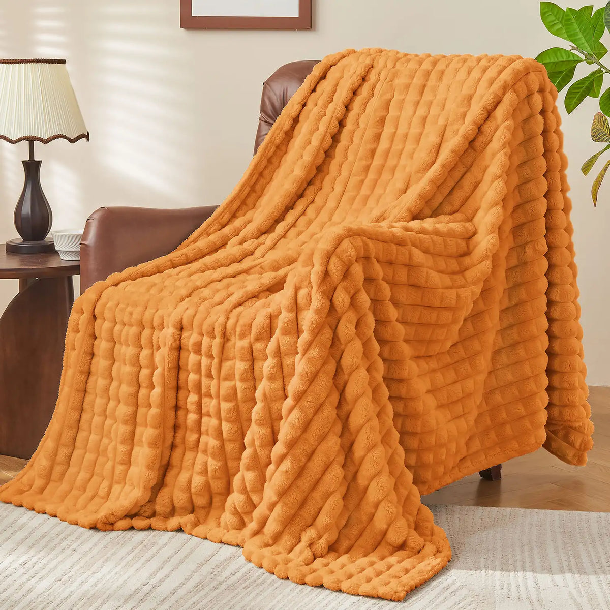Textured Ribbed Checkered Fleece Throw Blanket – 3D Plush