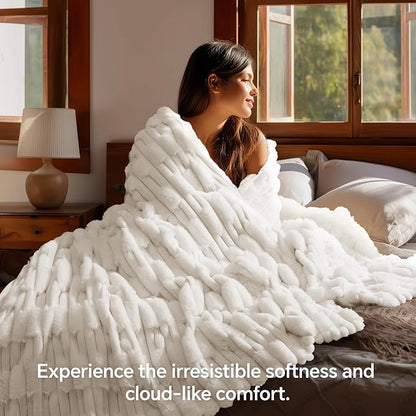 Textured Ribbed Faux Fur Throw Blanket – Striped Plush Texture