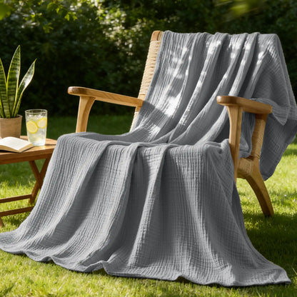 Crisp Percale Cotton Muslin Throw Blanket – 4-Layer Breathable Gauze