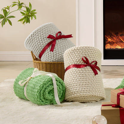 Boho Chunky Cable Knit Throw Blanket – Cozy Woven Texture