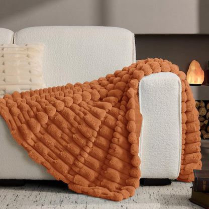 Textured Ribbed Faux Fur Throw Blanket – Striped Plush Texture