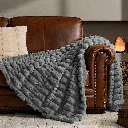 Textured Ribbed Faux Fur Throw Blanket – Striped Plush Texture
