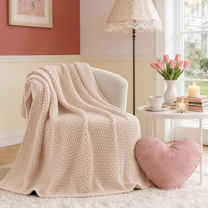 Boho Chunky Cable Knit Throw Blanket – Cozy Woven Texture