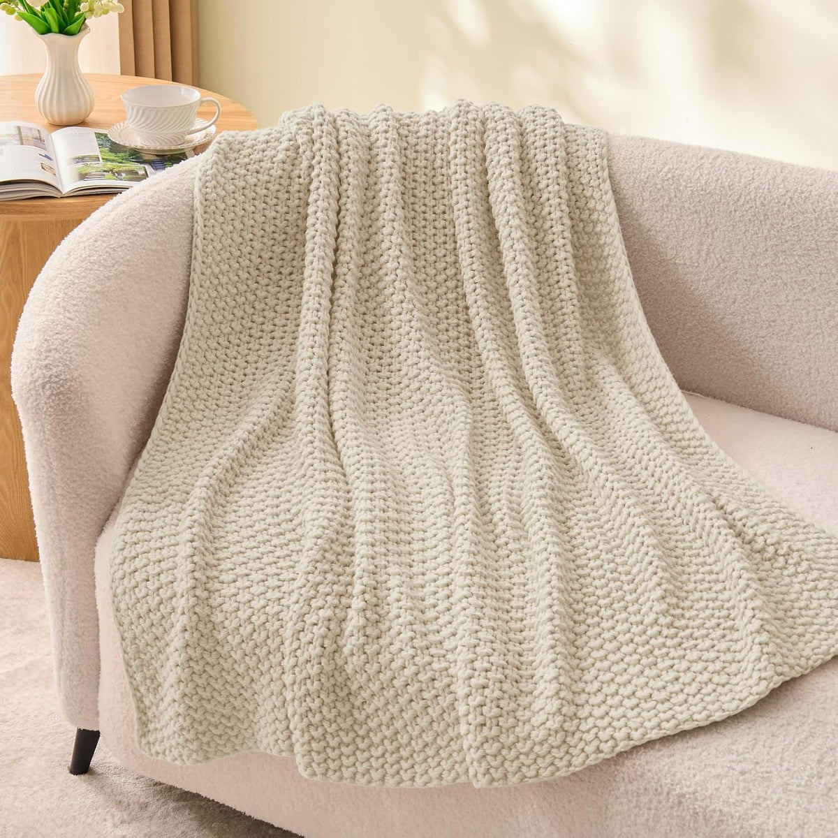 Boho Chunky Cable Knit Throw Blanket – Cozy Woven Texture